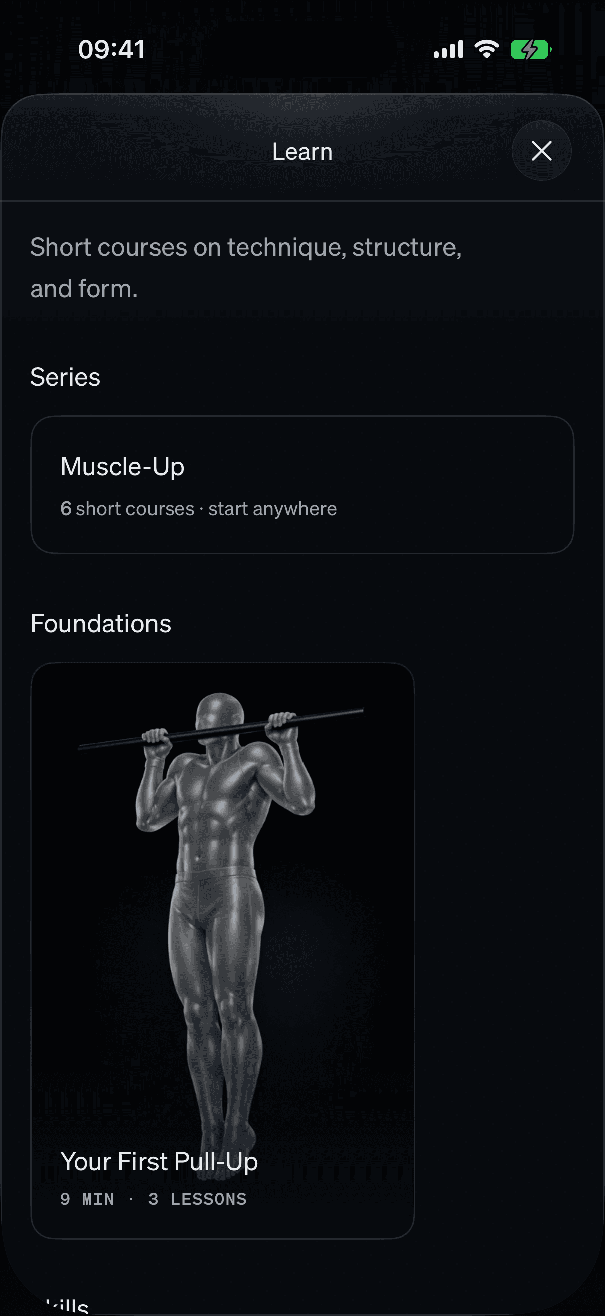 Orvia Learn showing a guided pull-up course.